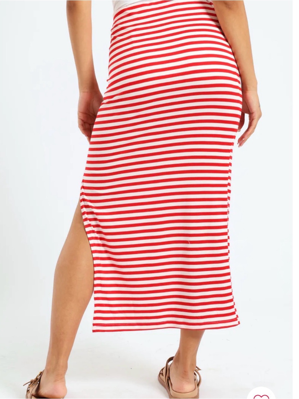 Red & White Striped Midi Skirt with Side Slit